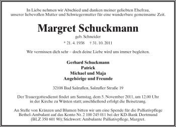 Anzeige  Margret Schuckmann  Lippische Landes-Zeitung