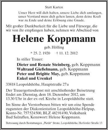 Anzeige  Helene Koppmann  Lippische Landes-Zeitung