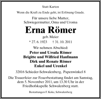 Anzeige  Erna Römer  Lippische Landes-Zeitung