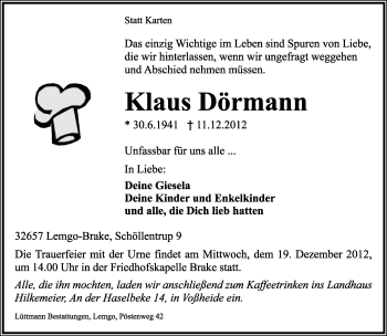Anzeige  Klaus Dörmann  Lippische Landes-Zeitung