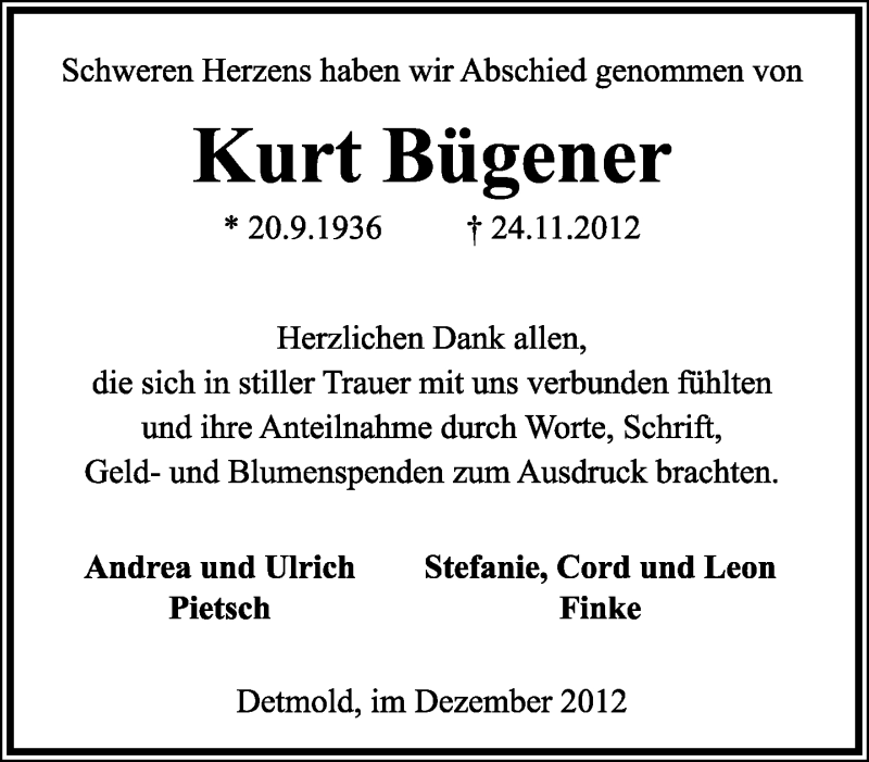  Traueranzeige für Kurt Bügener vom 15.12.2012 aus Lippische Landes-Zeitung