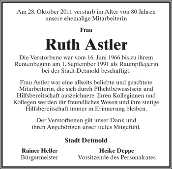 Anzeige  Ruth Astler  Lippische Landes-Zeitung