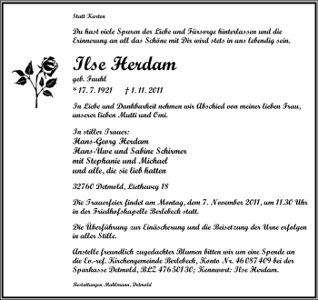 Anzeige  Ilse Herdam  Lippische Landes-Zeitung