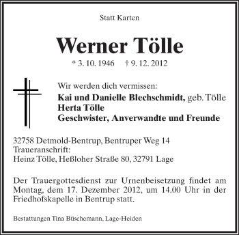 Anzeige  Werner Tölle  Lippische Landes-Zeitung
