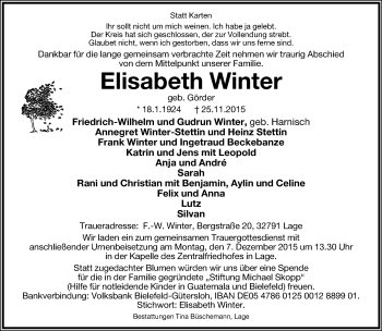 Anzeige  Elisabeth Winter  Lippische Landes-Zeitung