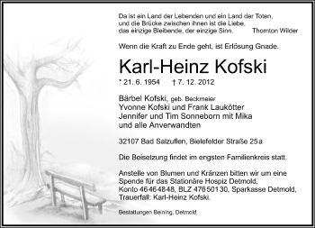 Anzeige  Karl-Heinz  Kofski  Lippische Landes-Zeitung