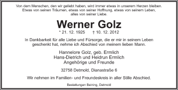 Anzeige  Werner Golz  Lippische Landes-Zeitung
