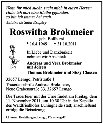 Anzeige  Roswitha Brokmeier  Lippische Landes-Zeitung