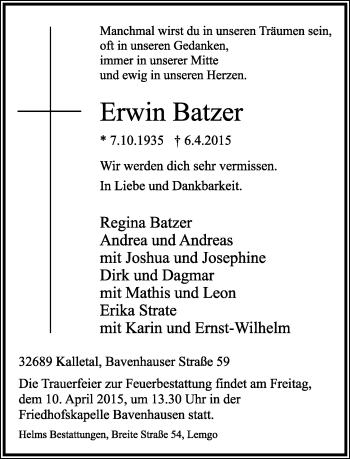Anzeige  Erwin Batzer  Lippische Landes-Zeitung