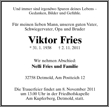 Anzeige  Viktor Fries  Lippische Landes-Zeitung