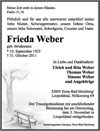 Anzeige  Frieda Weber  Lippische Landes-Zeitung