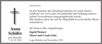 Anzeige  Anna Schäfer  Lippische Landes-Zeitung
