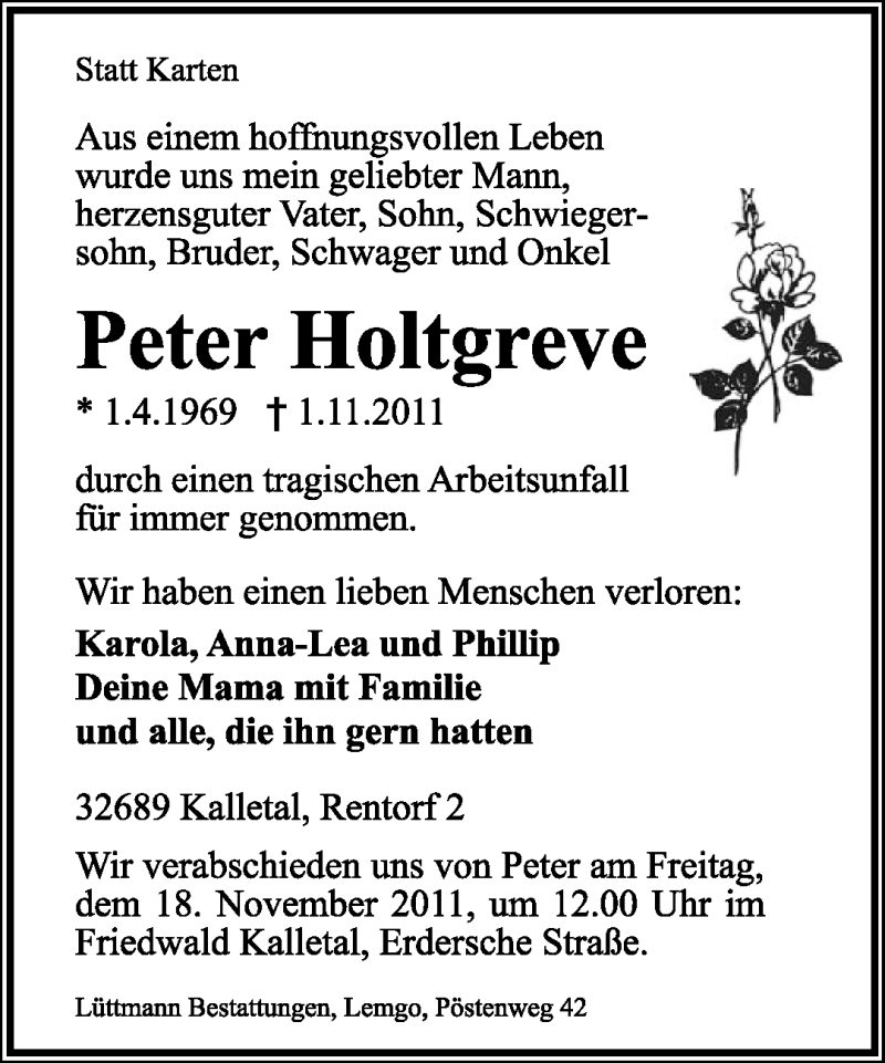  Traueranzeige für Peter Holtgreve vom 05.11.2011 aus Lippische Landes-Zeitung