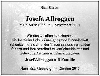 Anzeige  Josefa Allroggen  Lippische Landes-Zeitung