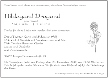 Anzeige  Hildegard Drogand  Lippische Landes-Zeitung