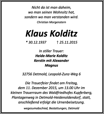 Anzeige  Klaus Kolditz  Lippische Landes-Zeitung
