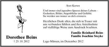 Anzeige  Dorothee Beins  Lippische Landes-Zeitung
