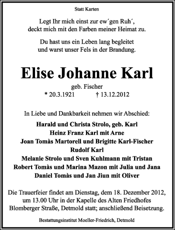 Anzeige  Elise Johanne  Karl  Lippische Landes-Zeitung