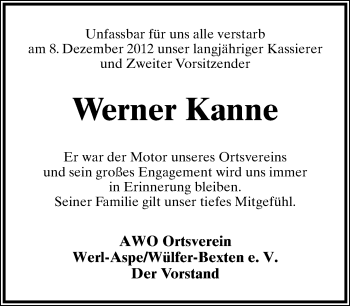 Anzeige  Werner Kanne  Lippische Landes-Zeitung