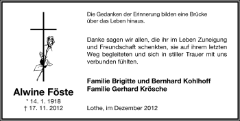 Anzeige  Alwine Föste  Lippische Landes-Zeitung