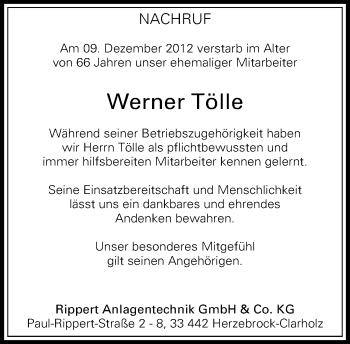 Anzeige  Werner Tölle  Lippische Landes-Zeitung