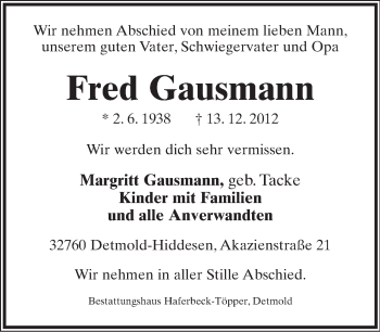 Anzeige  Fred Gausmann  Lippische Landes-Zeitung