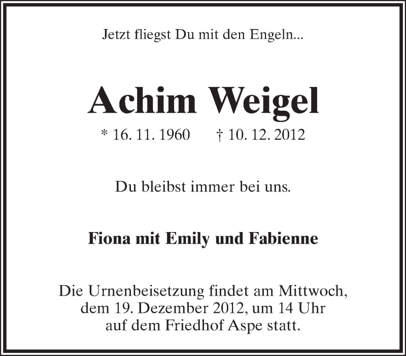  Traueranzeige für Achim Weigel vom 15.12.2012 aus Lippische Landes-Zeitung