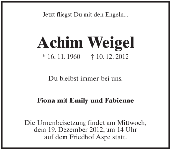 Anzeige  Achim Weigel  Lippische Landes-Zeitung