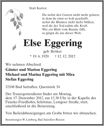 Anzeige  Else Eggering  Lippische Landes-Zeitung