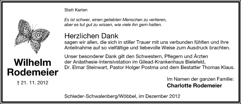  Traueranzeige für Wilhelm Rodemeier vom 15.12.2012 aus Lippische Landes-Zeitung