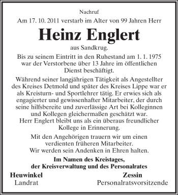 Anzeige  Heinz Englert  Lippische Landes-Zeitung