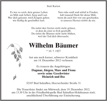 Anzeige  Wilhelm Bäumer  Lippische Landes-Zeitung