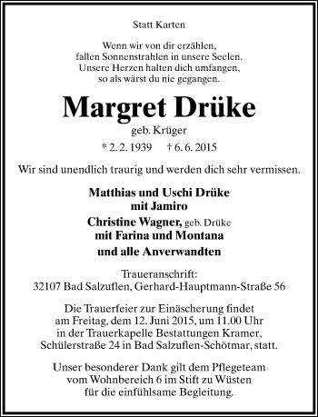 Anzeige  Margret Drüke  Lippische Landes-Zeitung