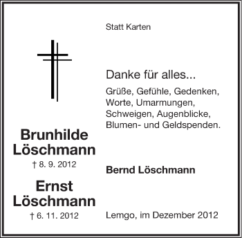 Anzeige  Brunhilde Löschmann  Lippische Landes-Zeitung