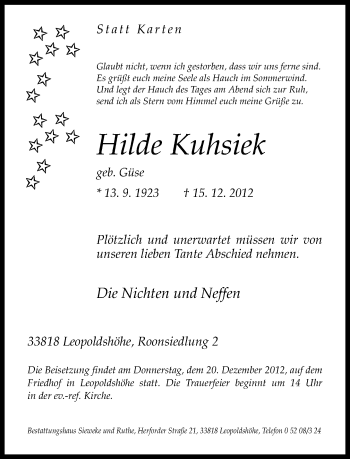 Anzeige  Hilde Kuhsiek  Lippische Landes-Zeitung