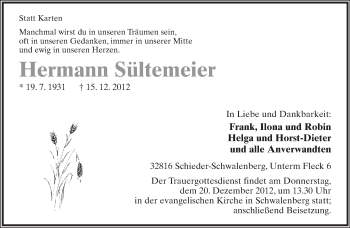 Anzeige  Hermann Sültemeier  Lippische Landes-Zeitung