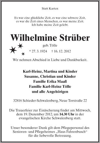 Anzeige  Wilhelmine Strüber  Lippische Landes-Zeitung