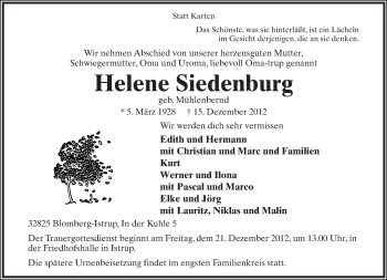 Anzeige  Helene Siedenburg  Lippische Landes-Zeitung