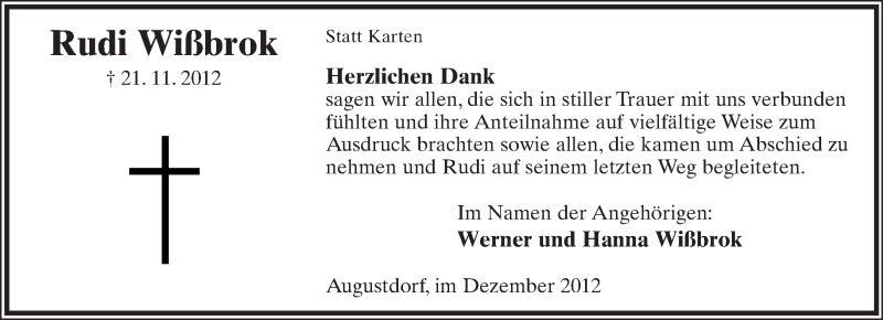  Traueranzeige für Rudi Wißbrok vom 19.12.2012 aus Lippische Landes-Zeitung