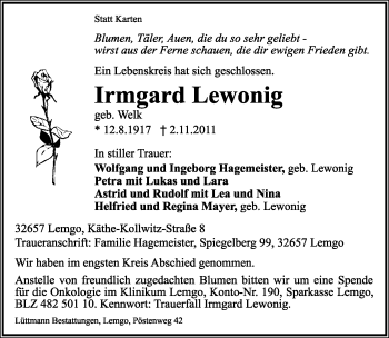 Anzeige  Irmgard Lewonig  Lippische Landes-Zeitung