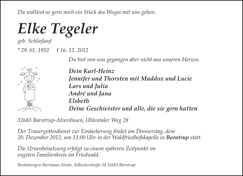  Traueranzeige für Elke Tegeler vom 18.12.2012 aus Lippische Landes-Zeitung