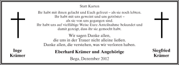 Anzeige  Inge und Siegfried Krämer  Lippische Landes-Zeitung