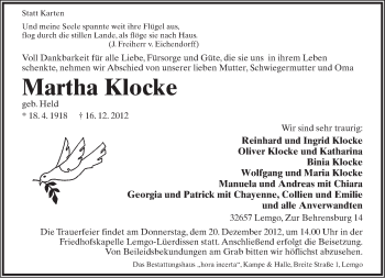 Anzeige  Martha Klocke  Lippische Landes-Zeitung