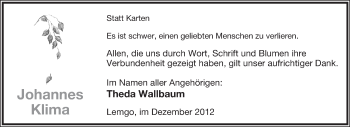 Anzeige  Johannes Klima  Lippische Landes-Zeitung