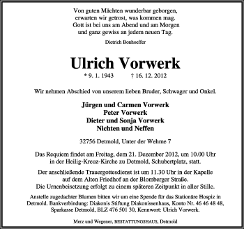 Anzeige  Ulrich Vorwerk  Lippische Landes-Zeitung