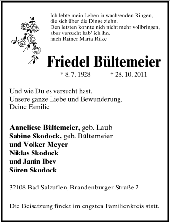Anzeige  Friedel Bültemeier  Lippische Landes-Zeitung