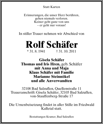 Anzeige  Rolf Schäfer  Lippische Landes-Zeitung