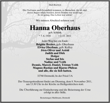 Anzeige  Hanna Oberhaus  Lippische Landes-Zeitung
