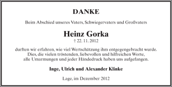 Anzeige  Heinz Gorka  Lippische Landes-Zeitung