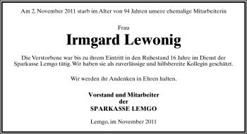 Anzeige  Irmgard Lewonig  Lippische Landes-Zeitung